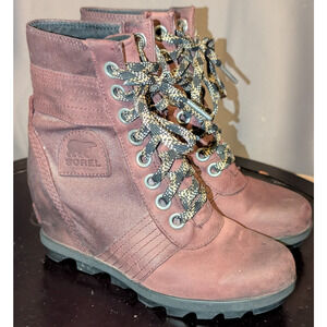 Sorel Boots Women's 5.5 Maroon Red Bron Leather PDX Lace up Lexie Wedge Canvas